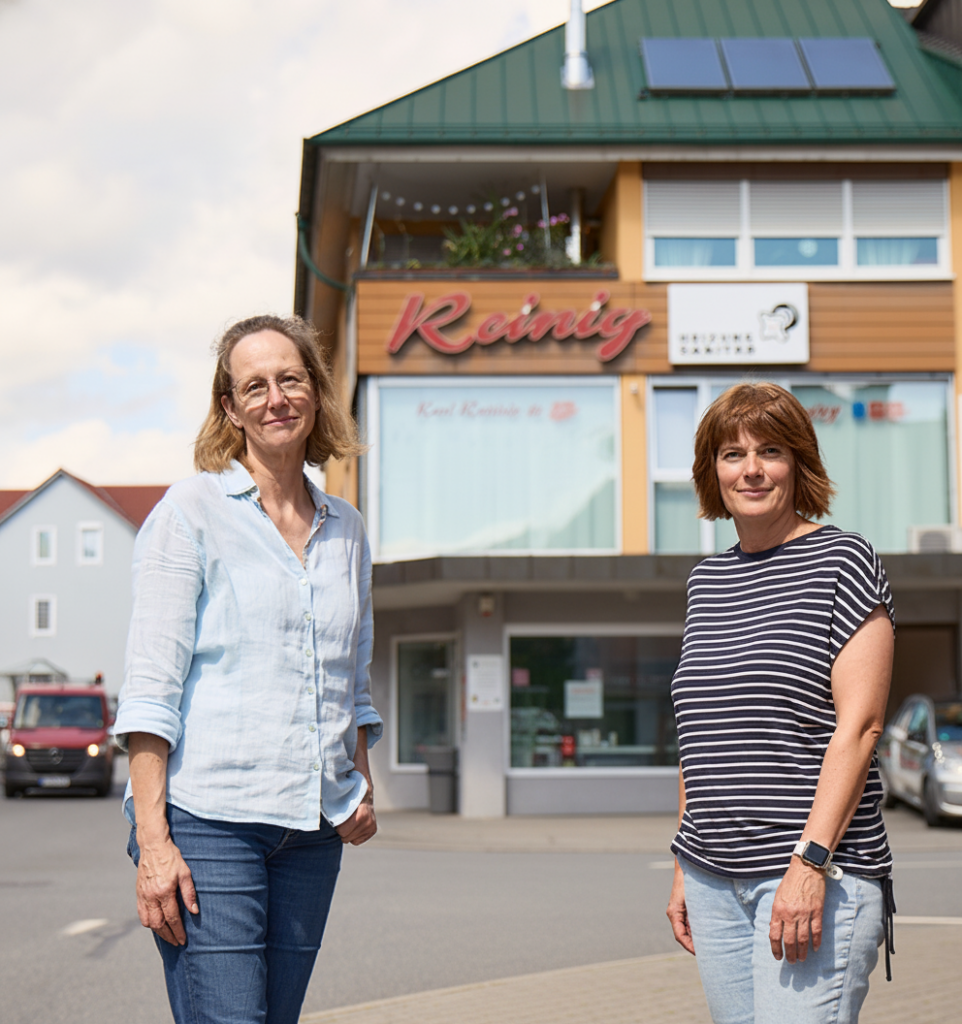 UeberUns_Reinig_V2 Zwei Frauen stehen draußen auf einer Straße vor einem Gebäude mit der Aufschrift Roinig. Das Gebäude hat einen Balkon mit Blumen, große Fenster und in der Nähe geparkte Autos. Der Himmel ist teilweise bewölkt.